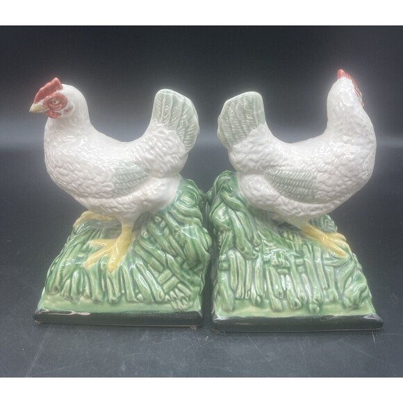 Bordallo Pinheiro Majolica Porcelain ROOSTER HEN Bookends Made in Portugal RARE